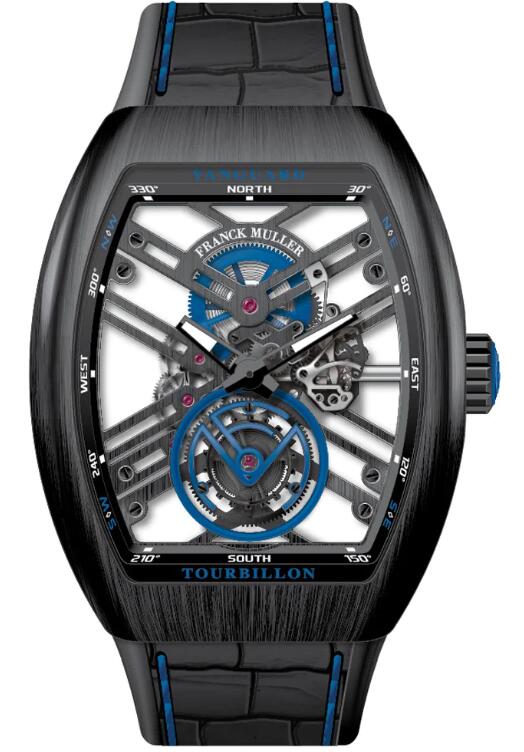 Best FRANCK MULLER Vanguard Tourbillon Skeleton Brushed Black Titanium - Blue V 45 T SQT (BL) (BR NR TT) (NR.BLC BL) Replica Watch